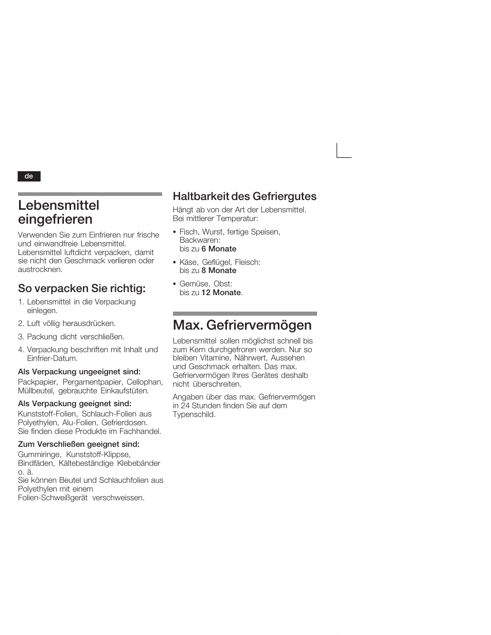 Lebensmittel eingefrieren, Max. gefriervermögen, So verpacken sie richtig | Haltbarkeit des gefriergutes | Neff K4644X7 User Manual | Page 12 / 85