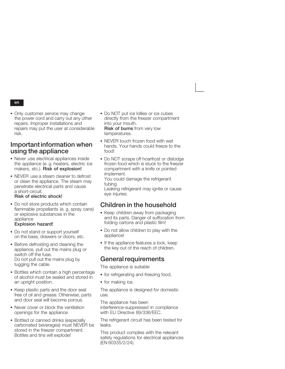 Important information when using the appliance, Children in the household, General requirements | Neff K4644X7 User Manual | Page 20 / 85
