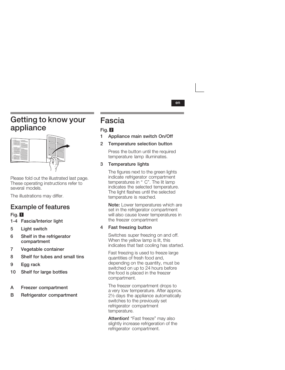 Getting to know your appliance, Fascia, Example of features | Neff K4644X7 User Manual | Page 21 / 85