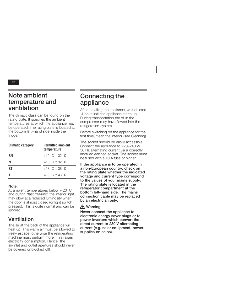 Connecting the appliance, Ventilation | Neff K4644X7 User Manual | Page 22 / 85