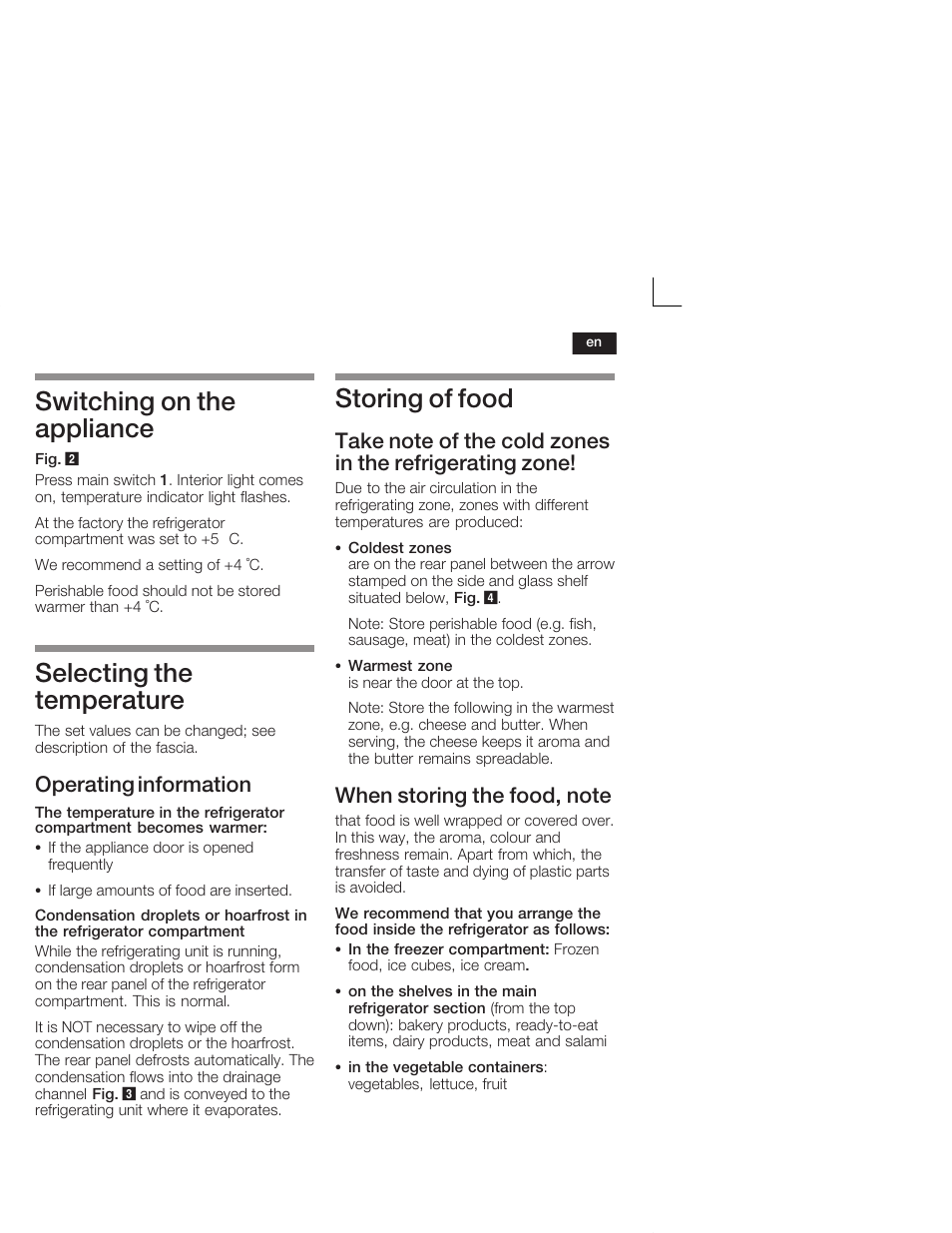 Switching on the appliance, Selecting the temperature, Storing of food | Operating information | Neff K4644X7 User Manual | Page 23 / 85