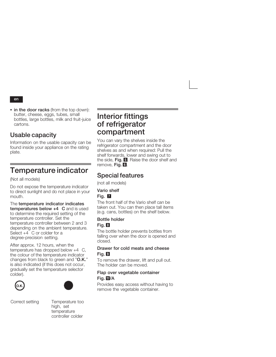 Temperature indicator, Interior fittings of refrigerator compartment, Usable capacity | Special features | Neff K4644X7 User Manual | Page 24 / 85