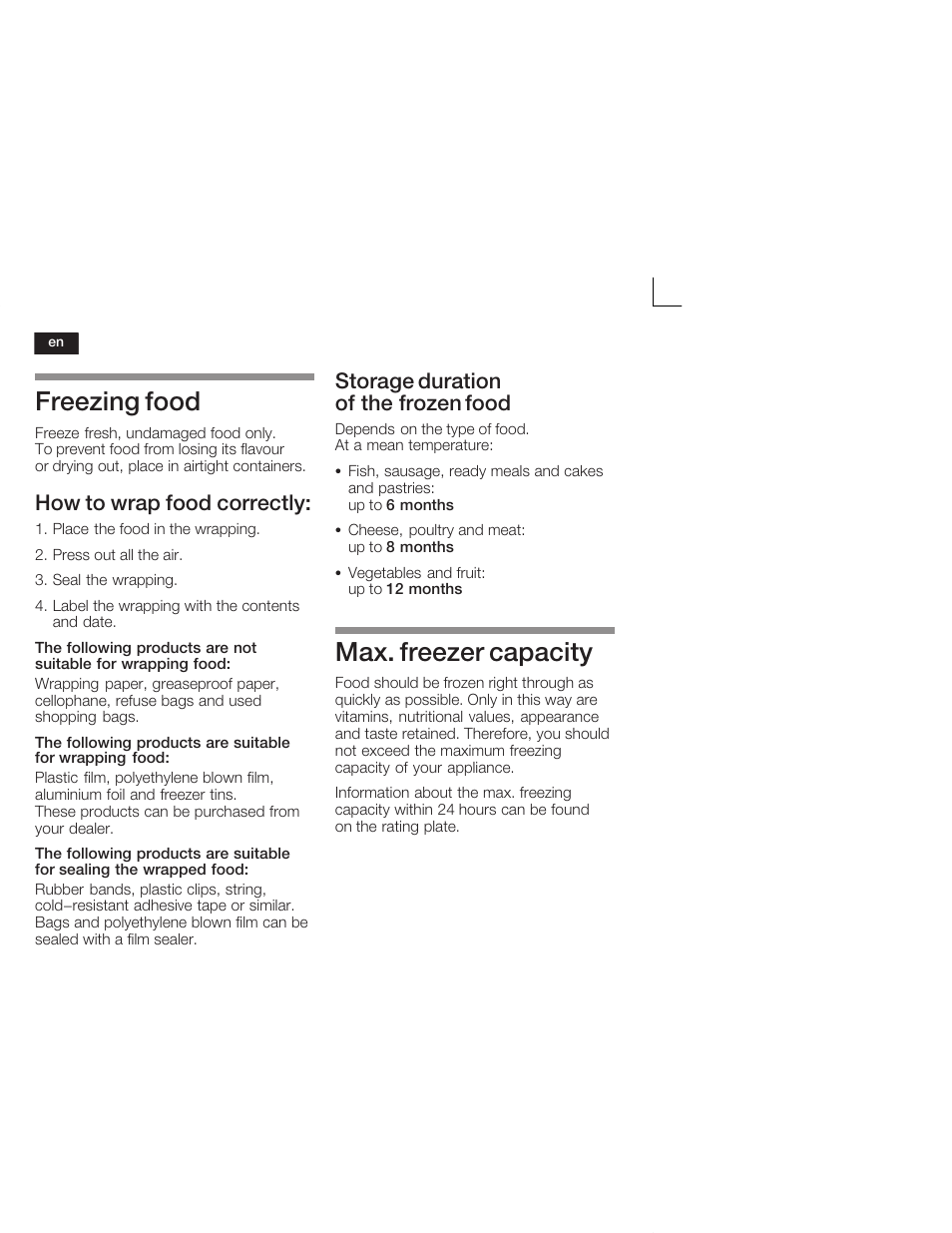 Freezing food, Max. freezer capacity, How to wrap food correctly | Storage duration of the frozen food | Neff K4644X7 User Manual | Page 26 / 85