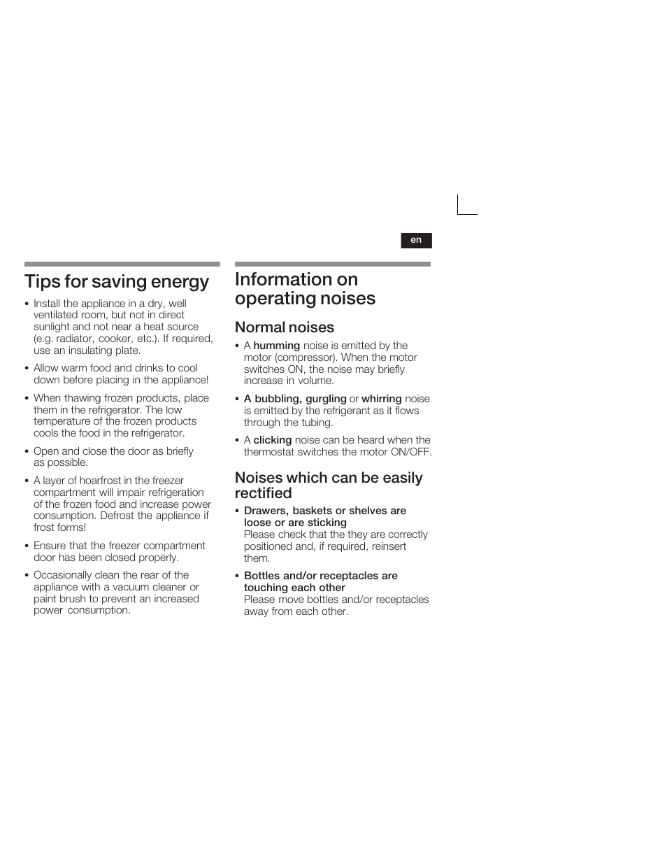 Tips for saving energy, Information on operating noises, Normal noises | Noises which can be easily rectified | Neff K4644X7 User Manual | Page 29 / 85