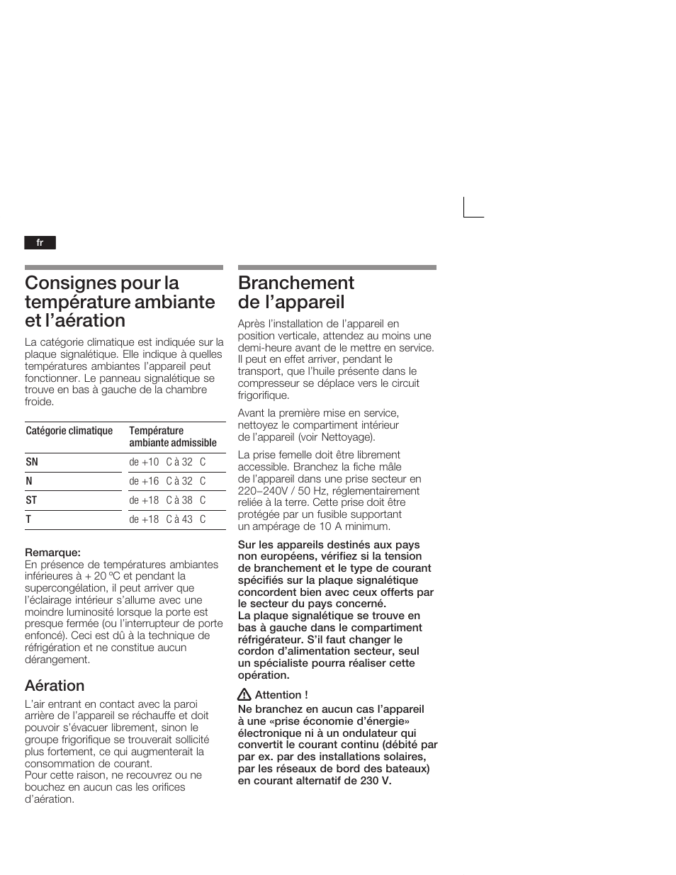 Branchement de l'appareil, Aération | Neff K4644X7 User Manual | Page 38 / 85