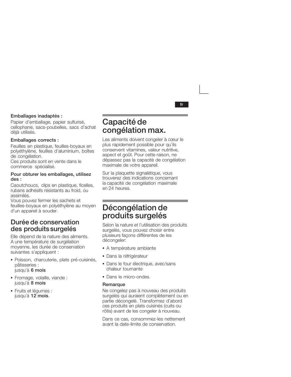 Capacité de congélation max, Décongélation de produits surgelés, Durée de conservation desăproduits surgelés | Neff K4644X7 User Manual | Page 43 / 85