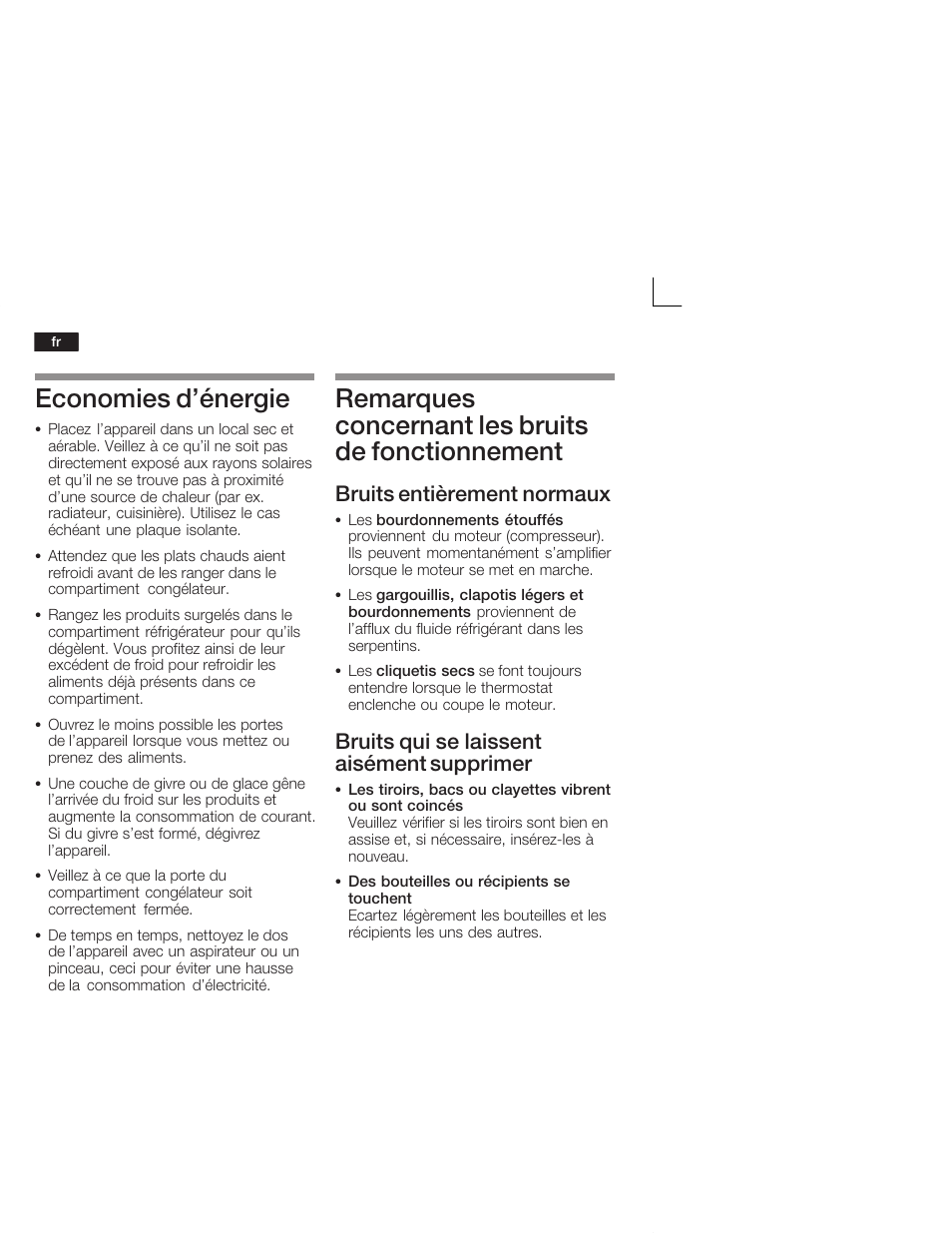 Economies d'énergie, Remarques concernant les bruits de fonctionnement, Bruits entièrement normaux | Bruits qui se laissent aisément supprimer | Neff K4644X7 User Manual | Page 46 / 85