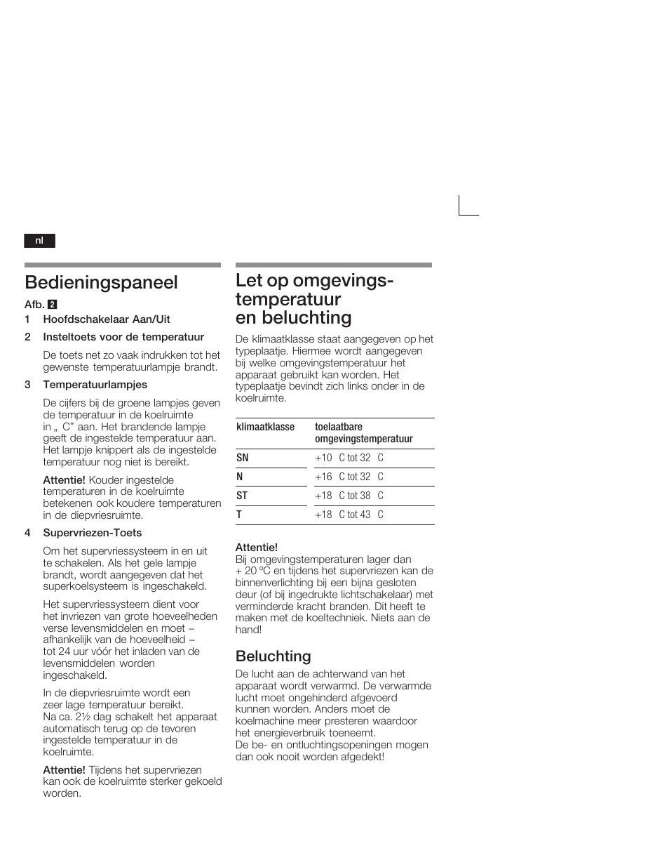 Bedieningspaneel, Let op omgevingsć temperatuur en beluchting, Beluchting | Neff K4644X7 User Manual | Page 68 / 85