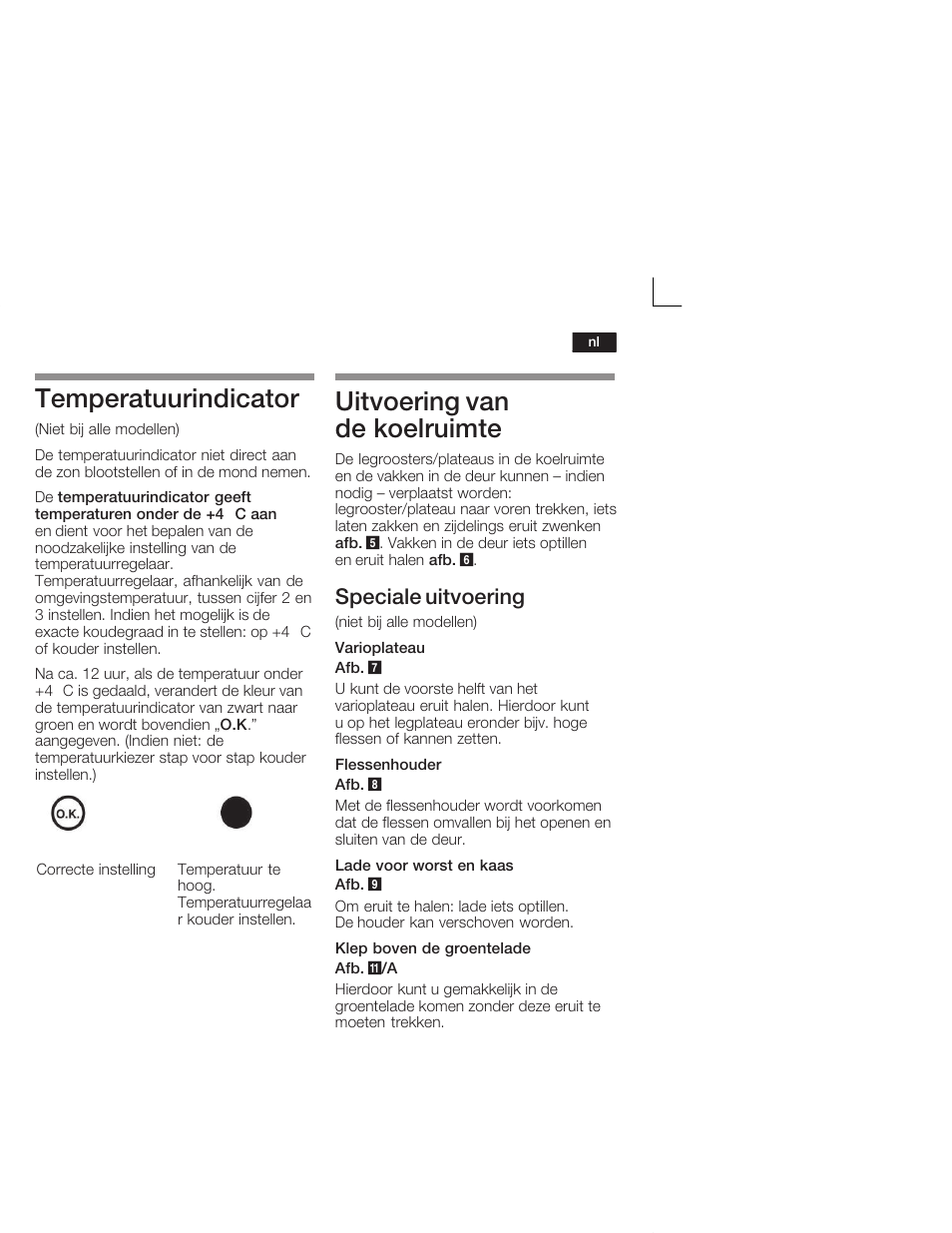 Temperatuurindicator, Uitvoering van de koelruimte, Speciale uitvoering | Neff K4644X7 User Manual | Page 71 / 85