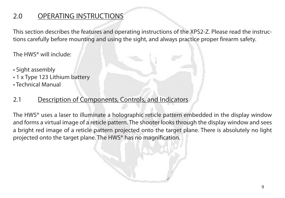 0 operating instructions | EOTech XPS2-Z User Manual | Page 17 / 38