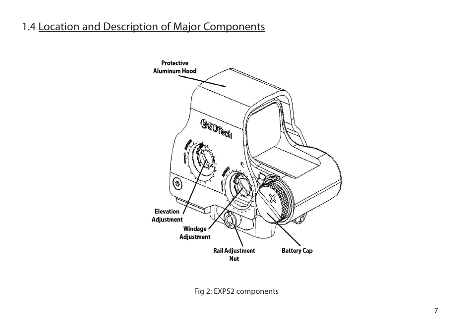 4 location and description of major components | EOTech Holographic Hybrid Sight II EXPS2-2 with G33.STS Magnifier User Manual | Page 15 / 38