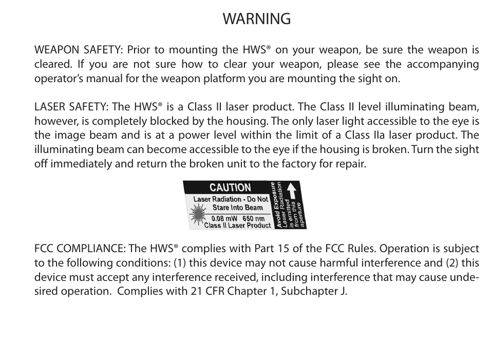 Warning | EOTech Holographic Hybrid Sight II EXPS2-2 with G33.STS Magnifier User Manual | Page 3 / 38