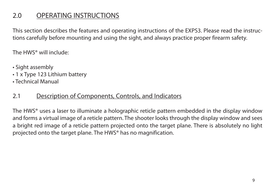 0 operating instructions | EOTech Holographic Hybrid Sight I EXPS3-4 with G33.STS Magnifier User Manual | Page 17 / 40