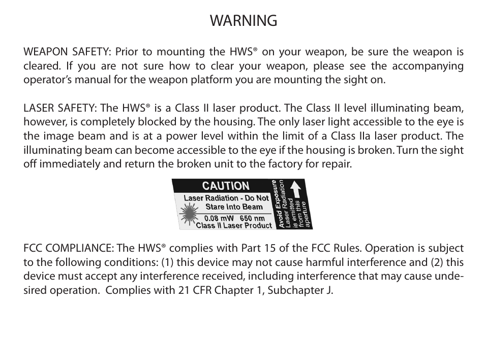 Warning | EOTech Holographic Hybrid Sight I EXPS3-4 with G33.STS Magnifier User Manual | Page 3 / 40