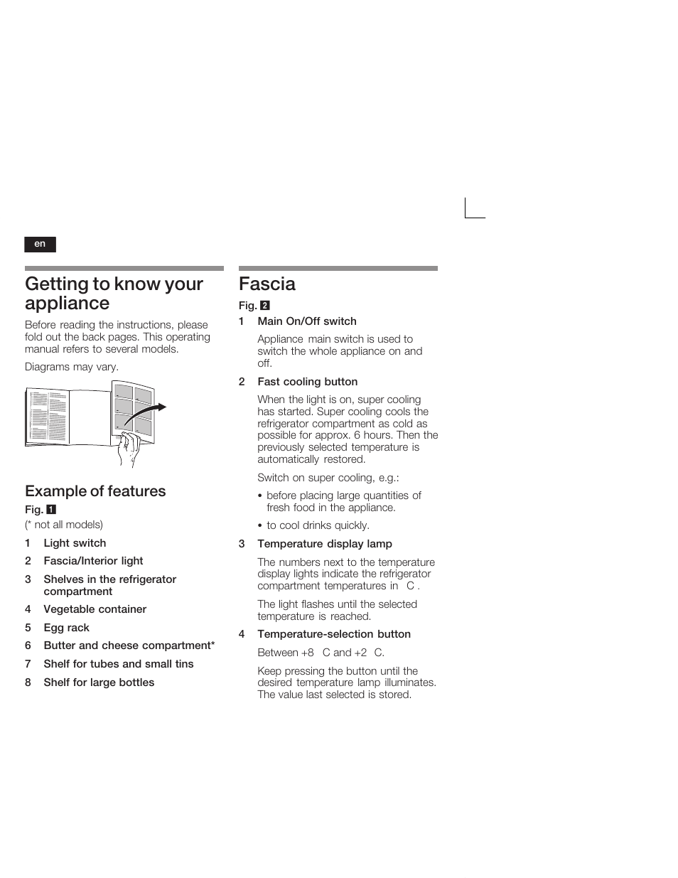Getting to know your appliance, Fascia, Example of features | Neff K4624X7 User Manual | Page 16 / 61