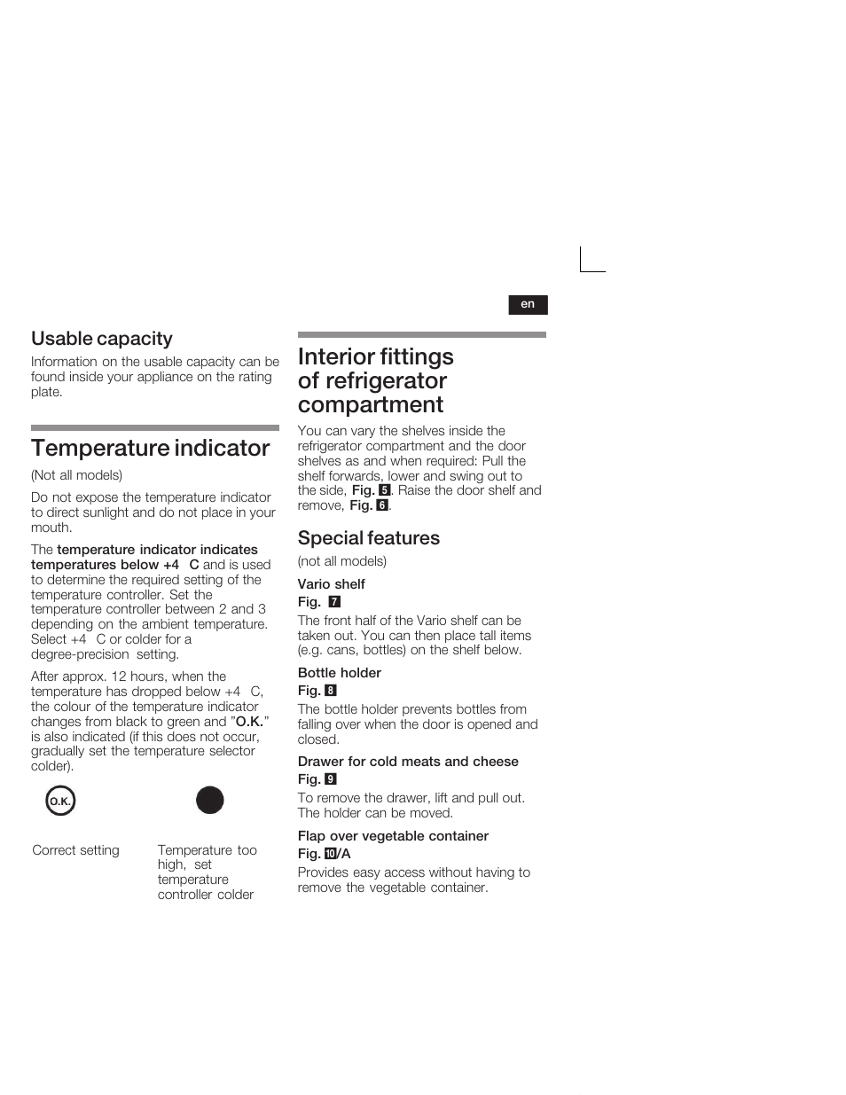 Temperature indicator, Interior fittings of refrigerator compartment, Usable capacity | Special features | Neff K4624X7 User Manual | Page 19 / 61