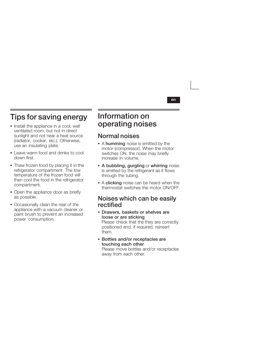 Tips for saving energy, Information on operating noises, Normal noises | Noises which can be easily rectified | Neff K4624X7 User Manual | Page 21 / 61