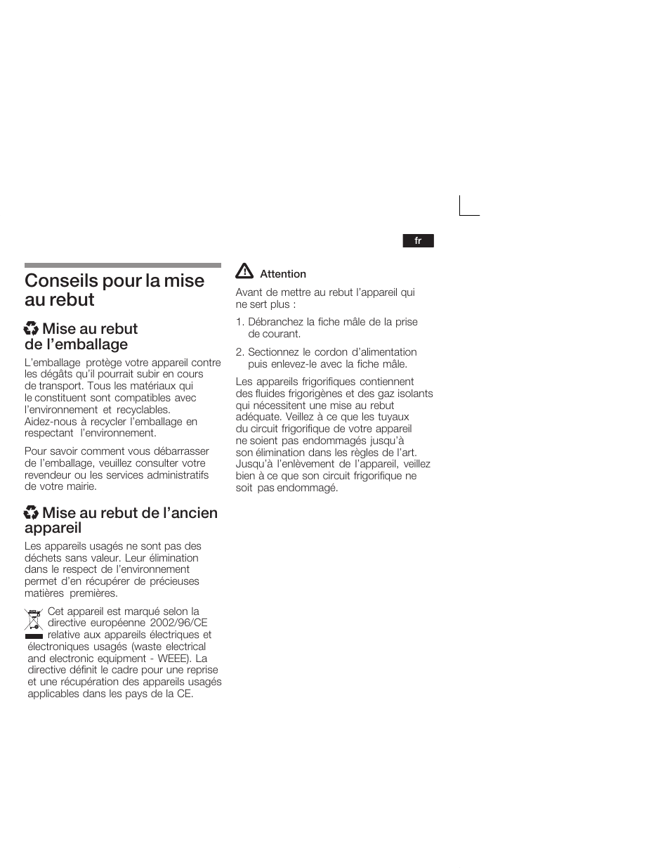 Conseils pour la mise au rebut, X mise au rebut de l'emballage, X mise au rebut de l'ancien appareil | Neff K4624X7 User Manual | Page 25 / 61
