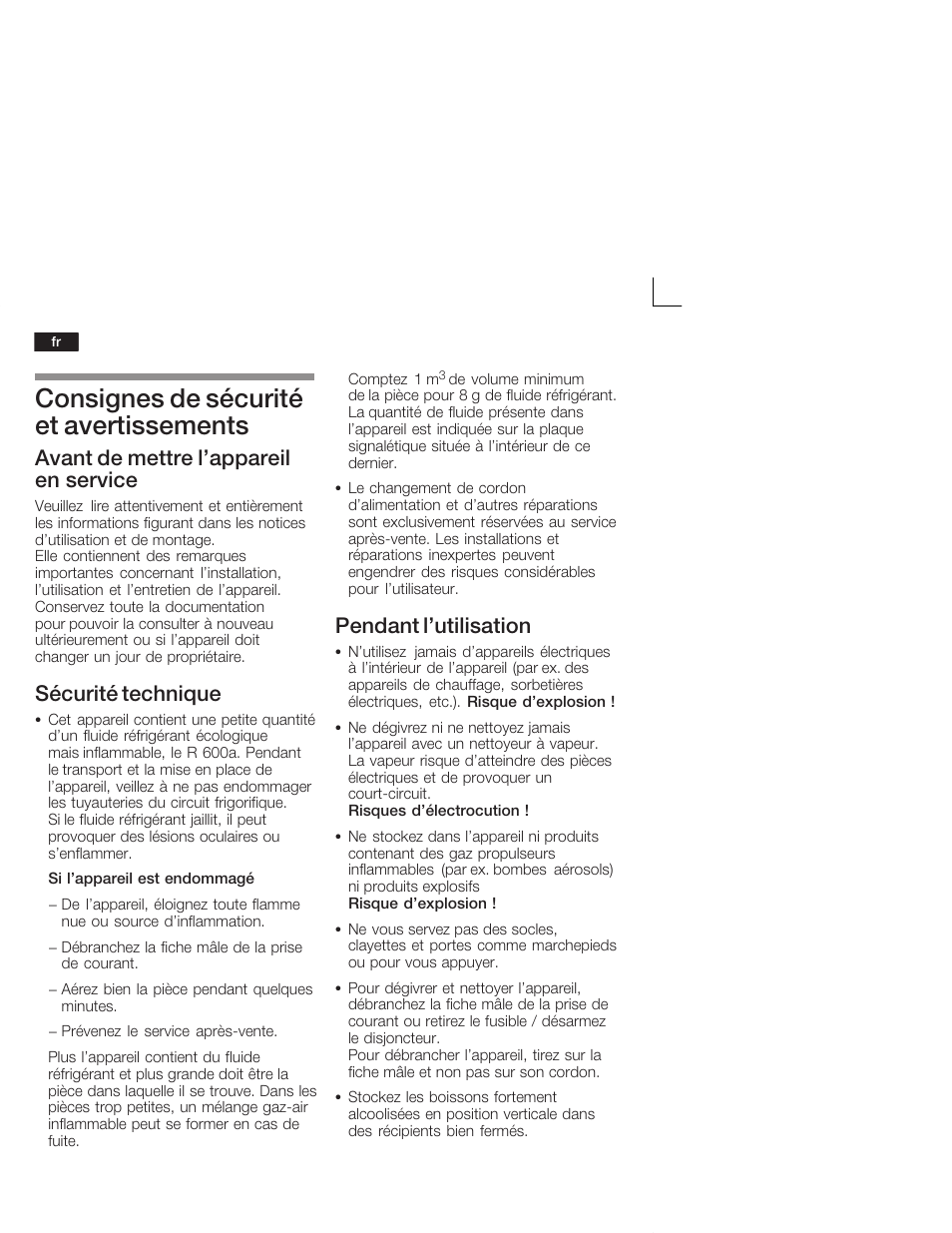Consignes de sécurité et avertissements, Avant de mettre l'appareil en service, Sécurité technique | Pendant l'utilisation | Neff K4624X7 User Manual | Page 26 / 61
