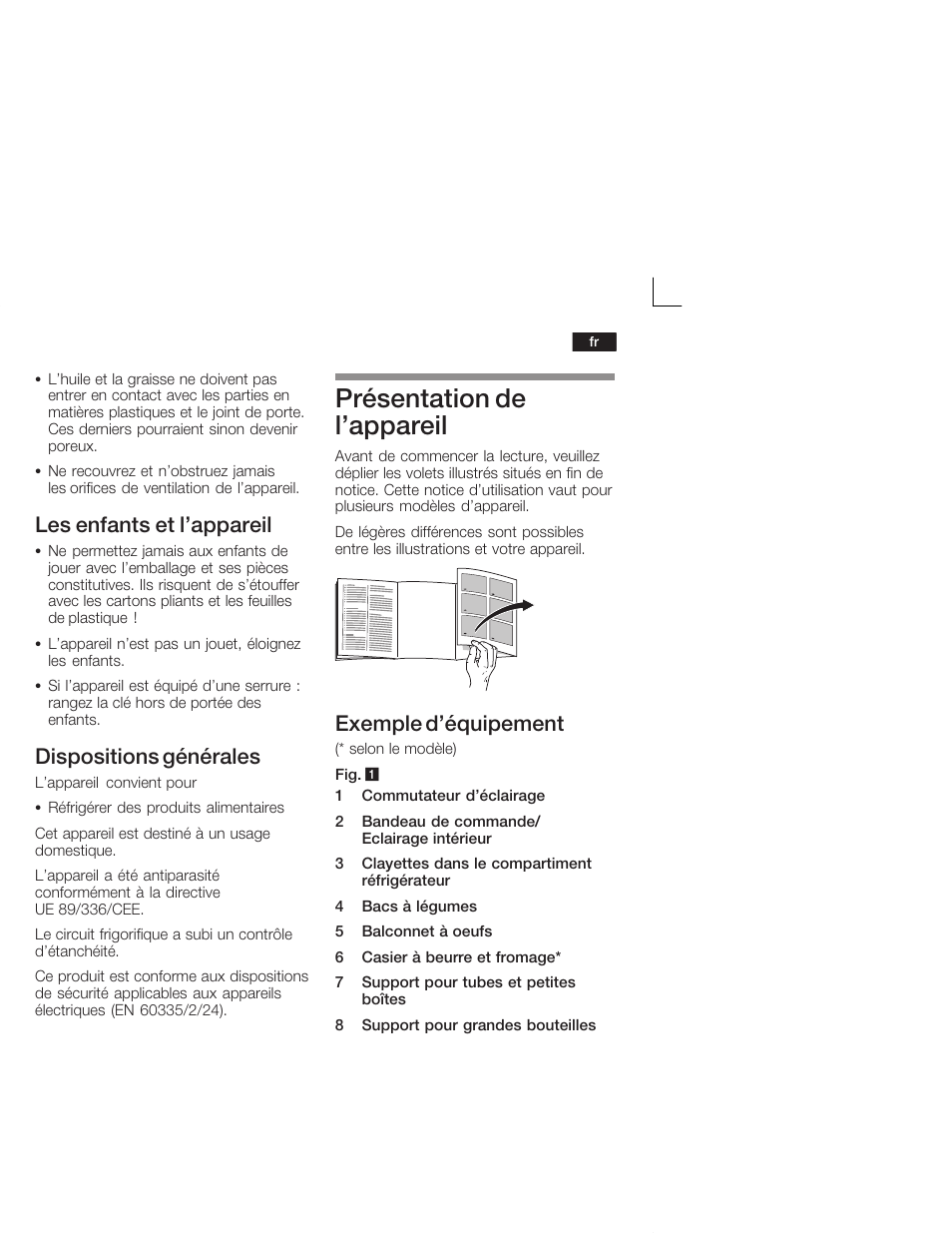 Présentation de l'appareil, Les enfants et l'appareil, Dispositions générales | Exemple d'équipement | Neff K4624X7 User Manual | Page 27 / 61