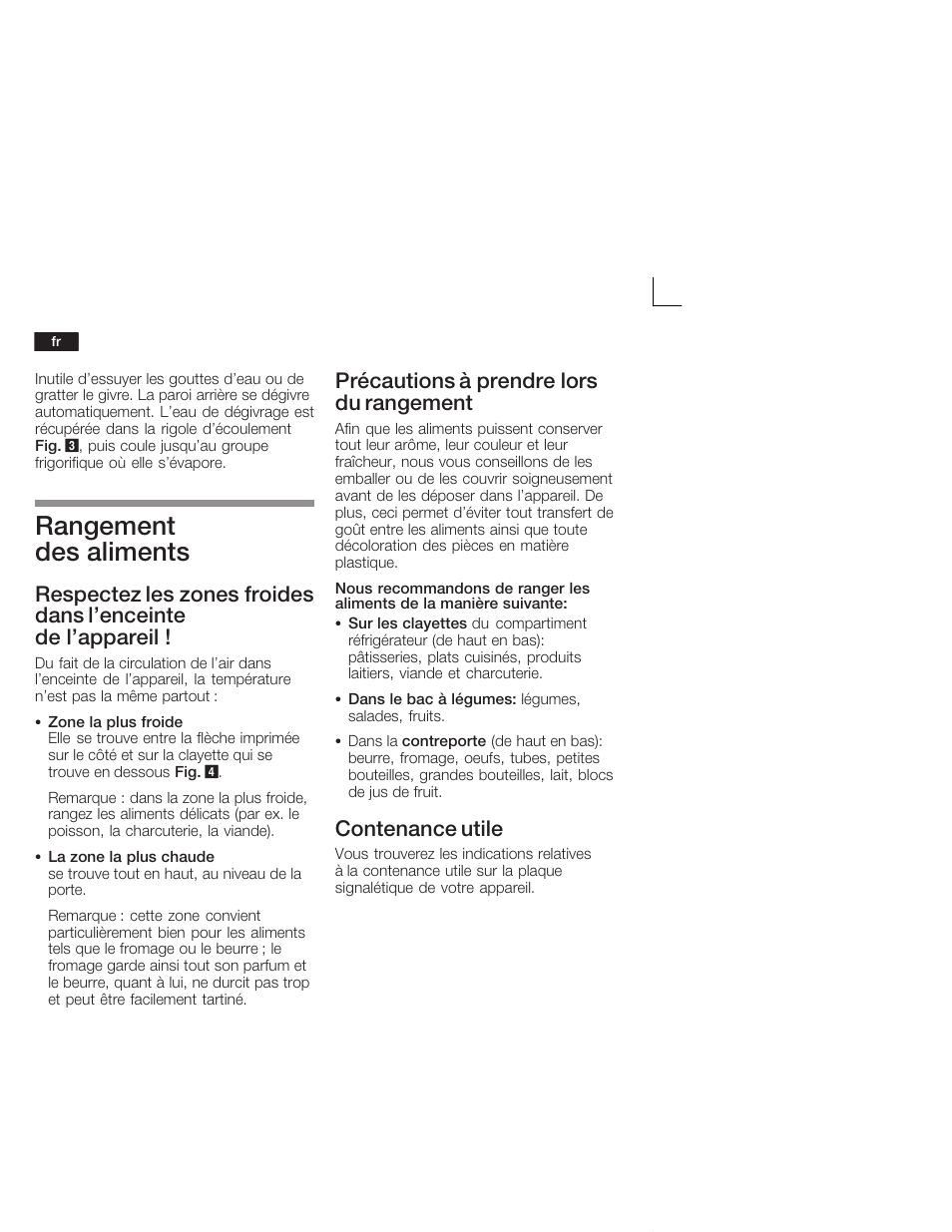 Rangement des aliments, Précautions à prendre lors du rangement, Contenance utile | Neff K4624X7 User Manual | Page 30 / 61