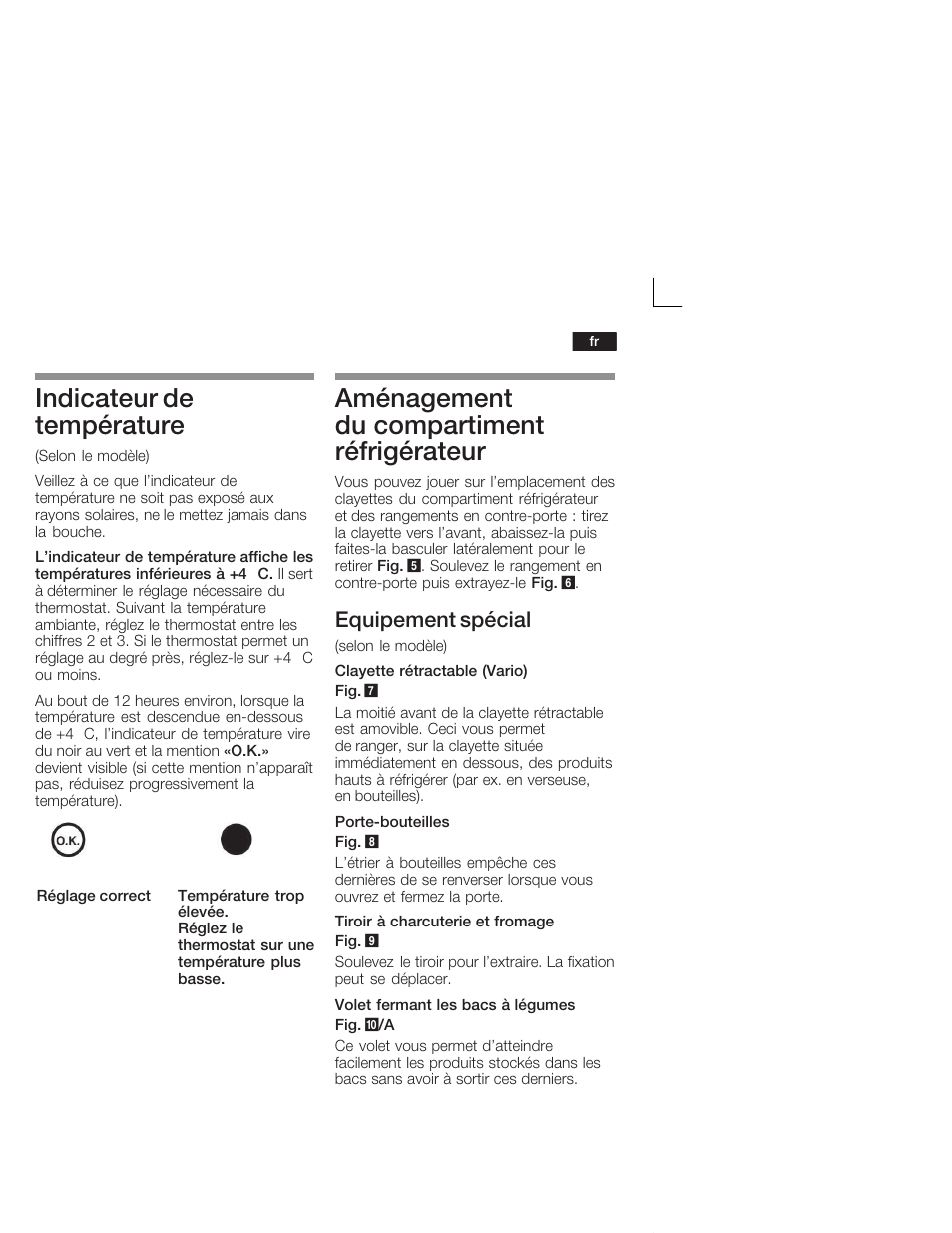 Indicateur de température, Aménagement du compartiment réfrigérateur, Equipement spécial | Neff K4624X7 User Manual | Page 31 / 61