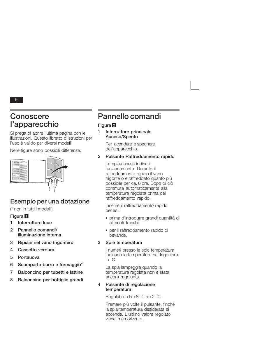 Conoscere l'apparecchio, Pannello comandi, Esempio per una dotazione | Neff K4624X7 User Manual | Page 38 / 61