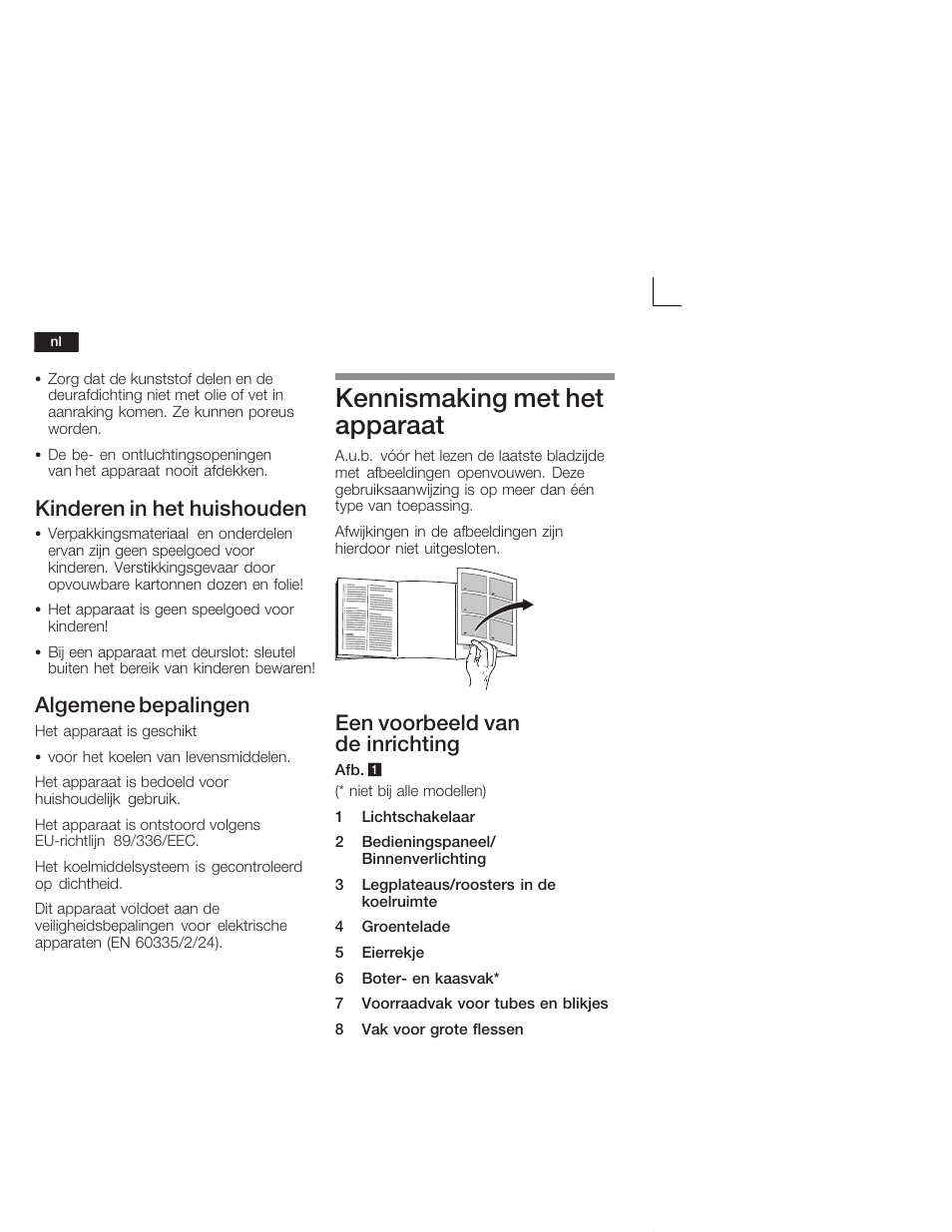 Kennismaking met het apparaat, Kinderen in het huishouden, Algemene bepalingen | Een voorbeeld van de inrichting | Neff K4624X7 User Manual | Page 48 / 61