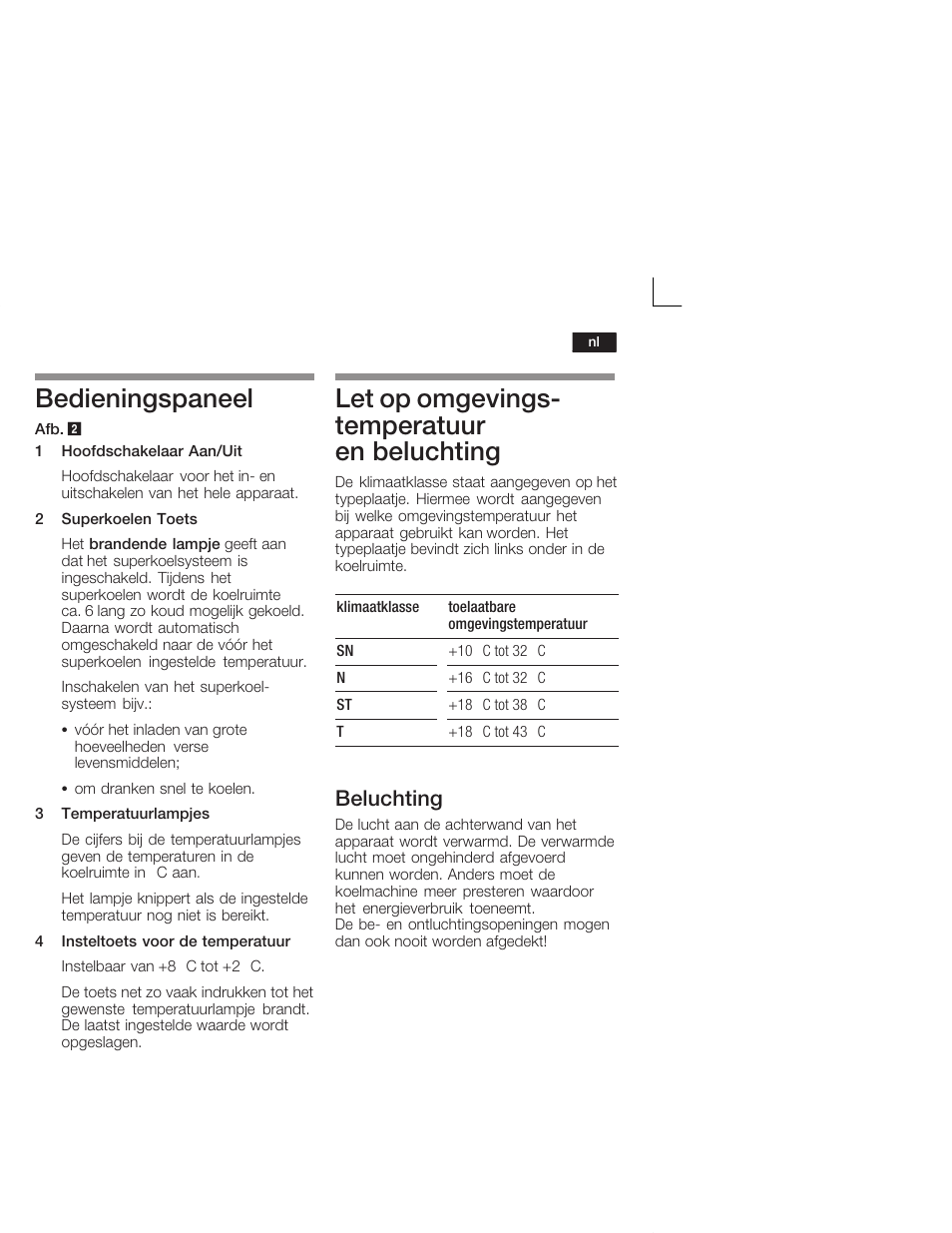 Bedieningspaneel, Let op omgevingsć temperatuur en beluchting, Beluchting | Neff K4624X7 User Manual | Page 49 / 61