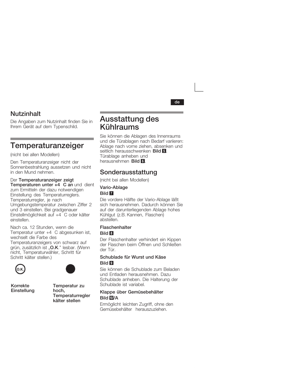 Temperaturanzeiger, Ausstattung des kühlraums, Nutzinhalt | Sonderausstattung | Neff K4624X7 User Manual | Page 9 / 61