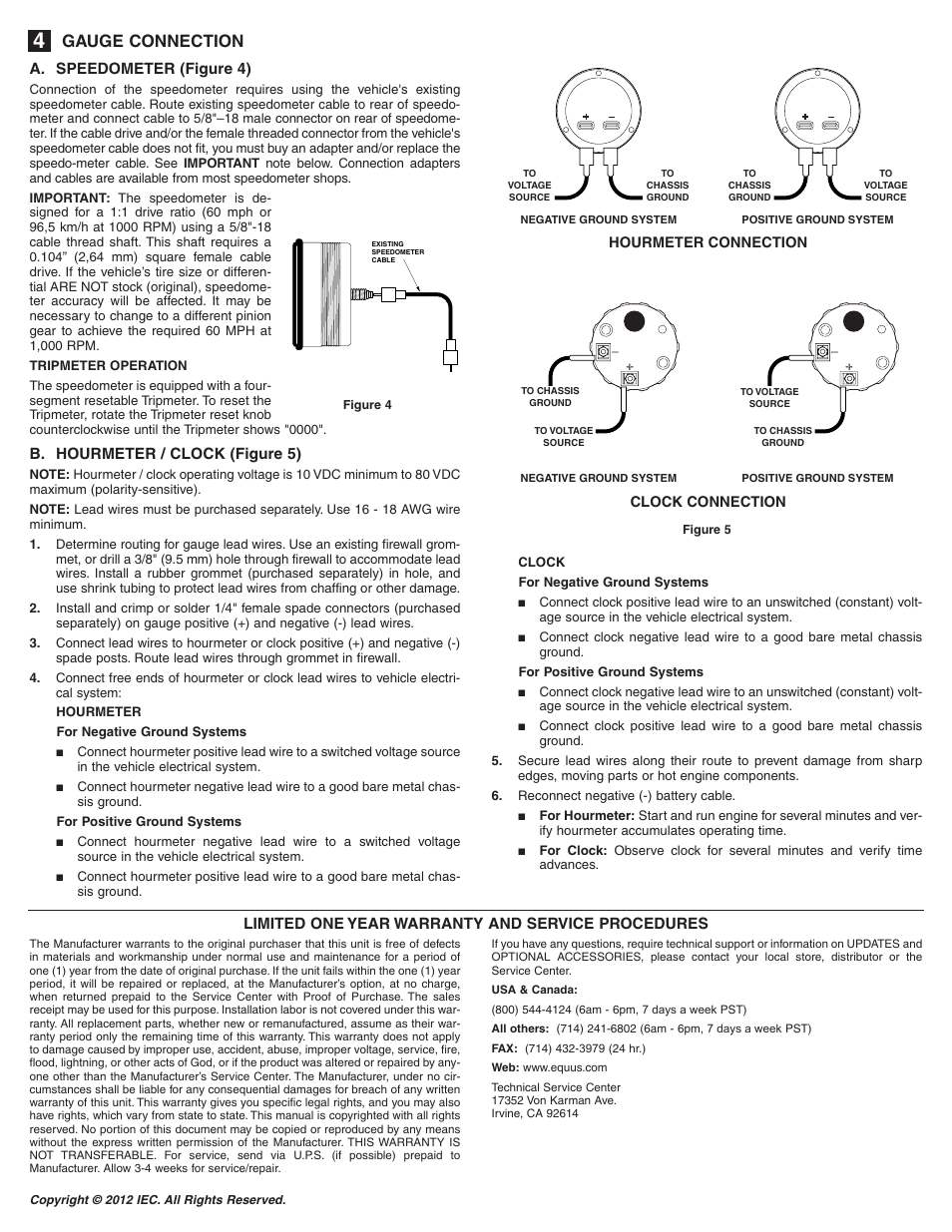 Gauge connection, Limited one year warranty and service procedures, A. speedometer (figure 4) | B. hourmeter / clock (figure 5) | Equus 8076 - 3-3/8 Mechanical MPH Speedometer User Manual | Page 2 / 6