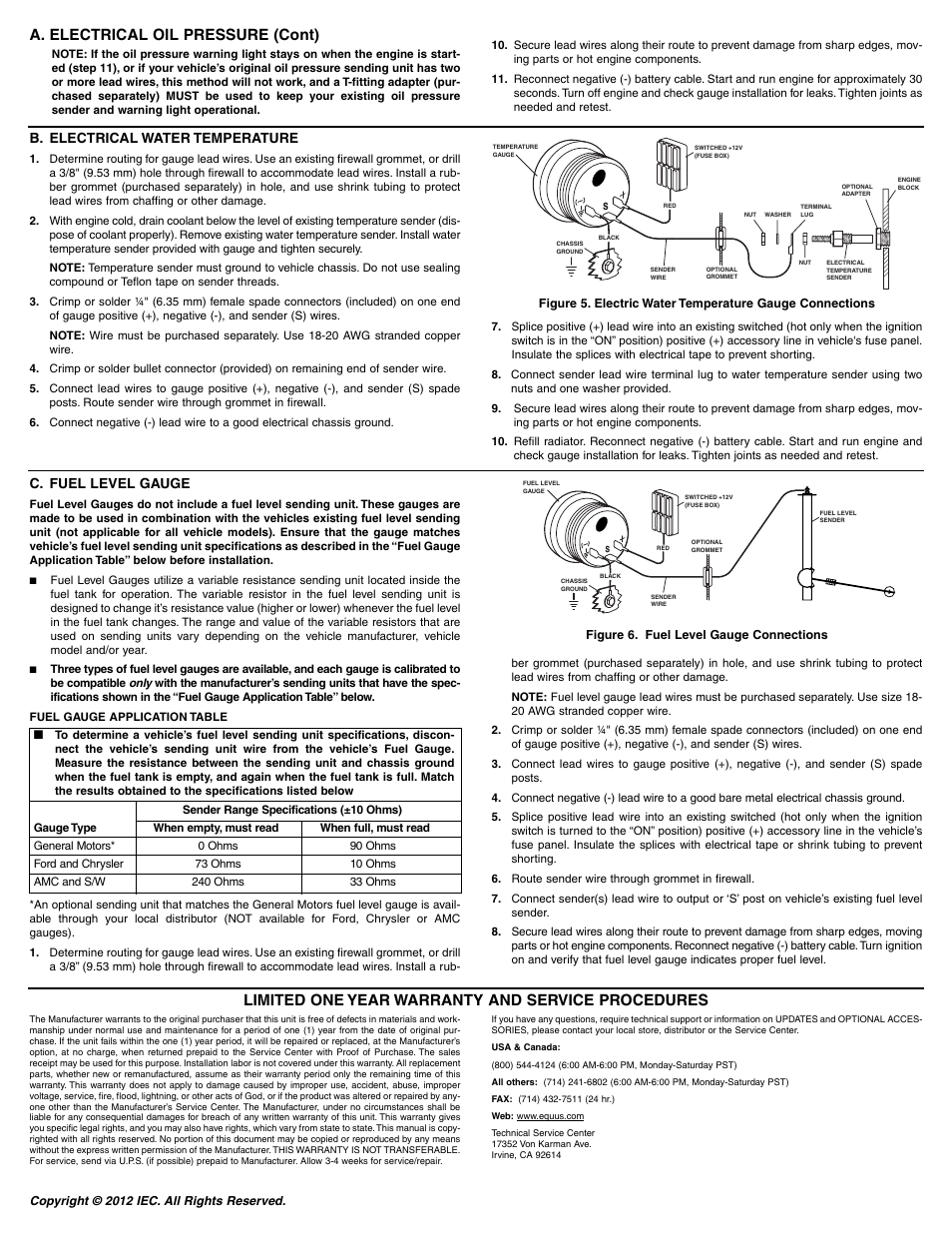 A. electrical oil pressure (cont), Limited one year warranty and service procedures, B. electrical water temperature | C. fuel level gauge | Equus 8243 - 2 Oil Temperature User Manual | Page 2 / 6