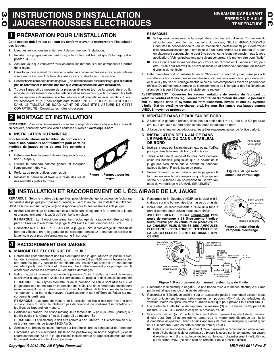 Préparation pour l'installation, Montage et installation, Raccordement des jauges | Equus 8243 - 2 Oil Temperature User Manual | Page 3 / 6
