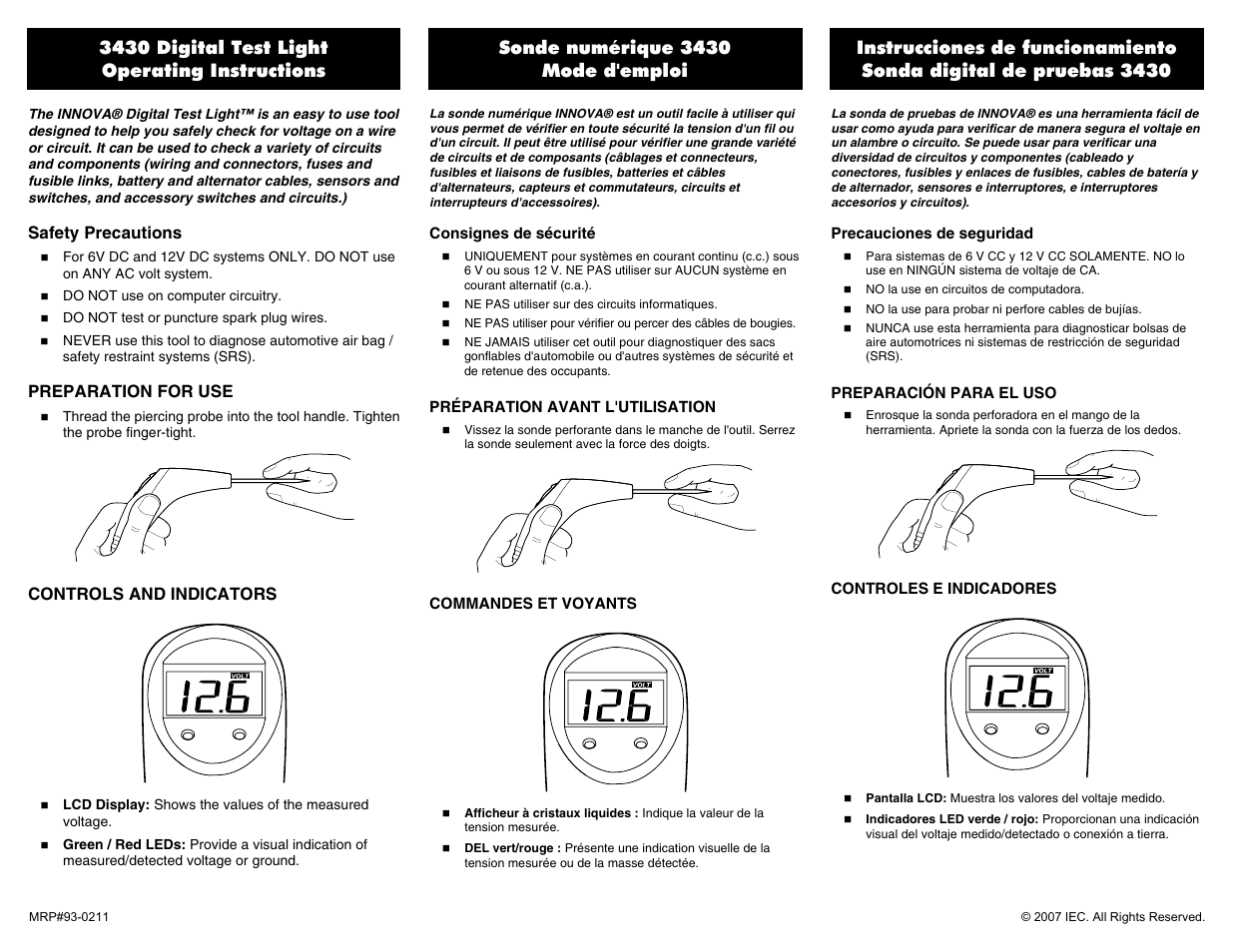 Equus 3430 - Digital Test Light User Manual | 2 pages