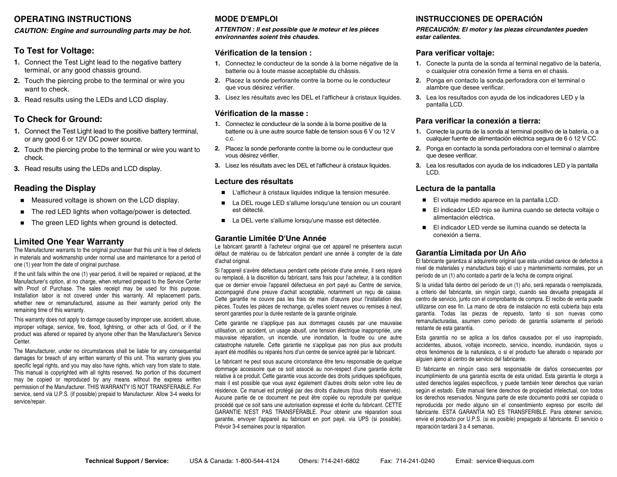 Operating instructions, Reading the display, Limited one year warranty | Equus 3430 - Digital Test Light User Manual | Page 2 / 2