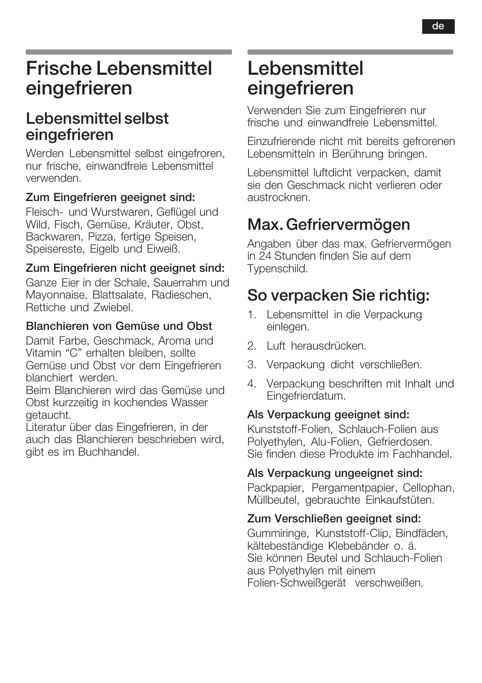 Frische lebensmittel eingefrieren, Lebensmittel eingefrieren, Lebensmittel selbst eingefrieren | Max. gefriervermögen, So verpacken sie richtig | Neff K8125X0  EU User Manual | Page 15 / 105