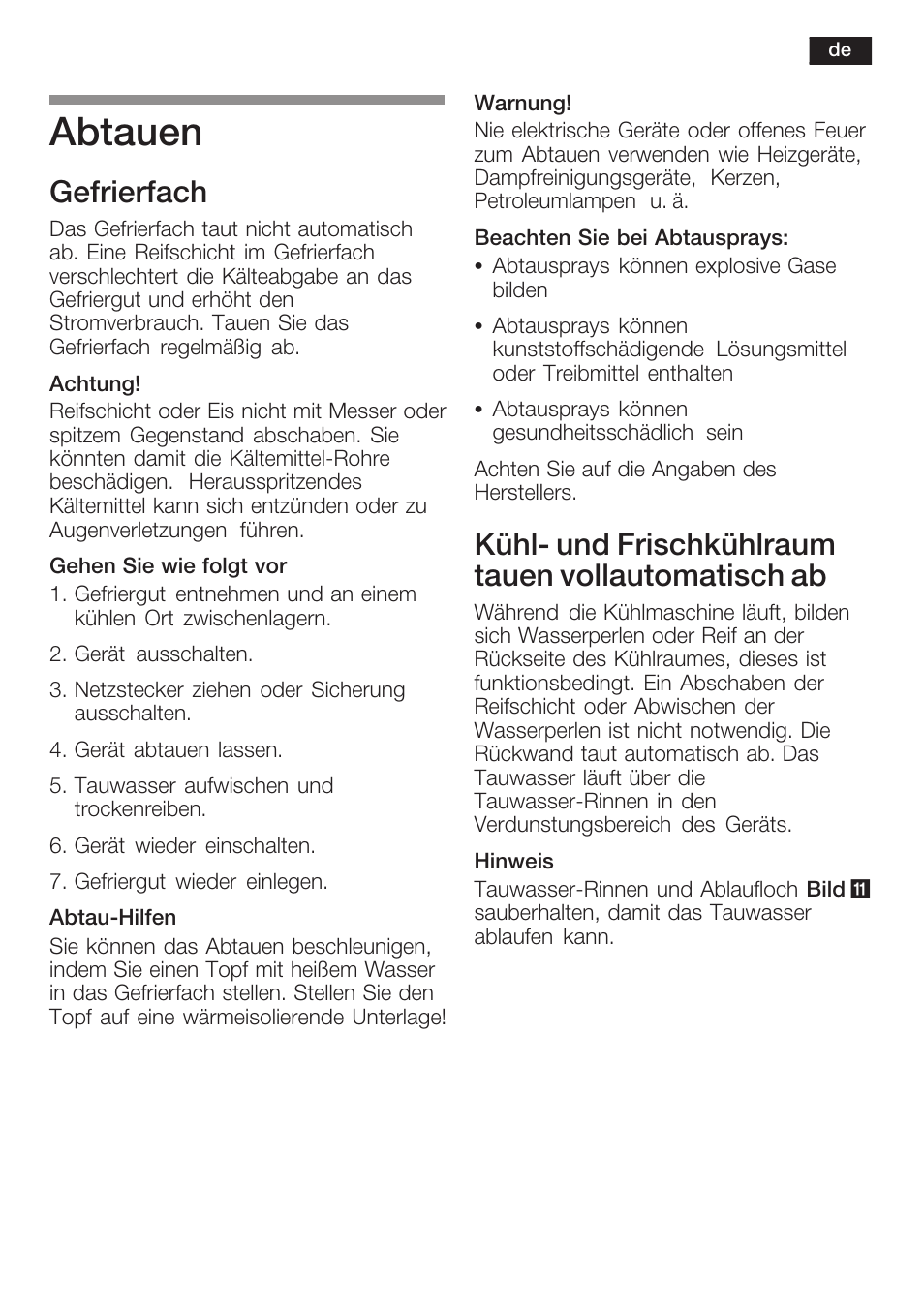 Abtauen, Gefrierfach, Kühlć und frischkühlraum tauen vollautomatisch ab | Neff K8125X0  EU User Manual | Page 17 / 105