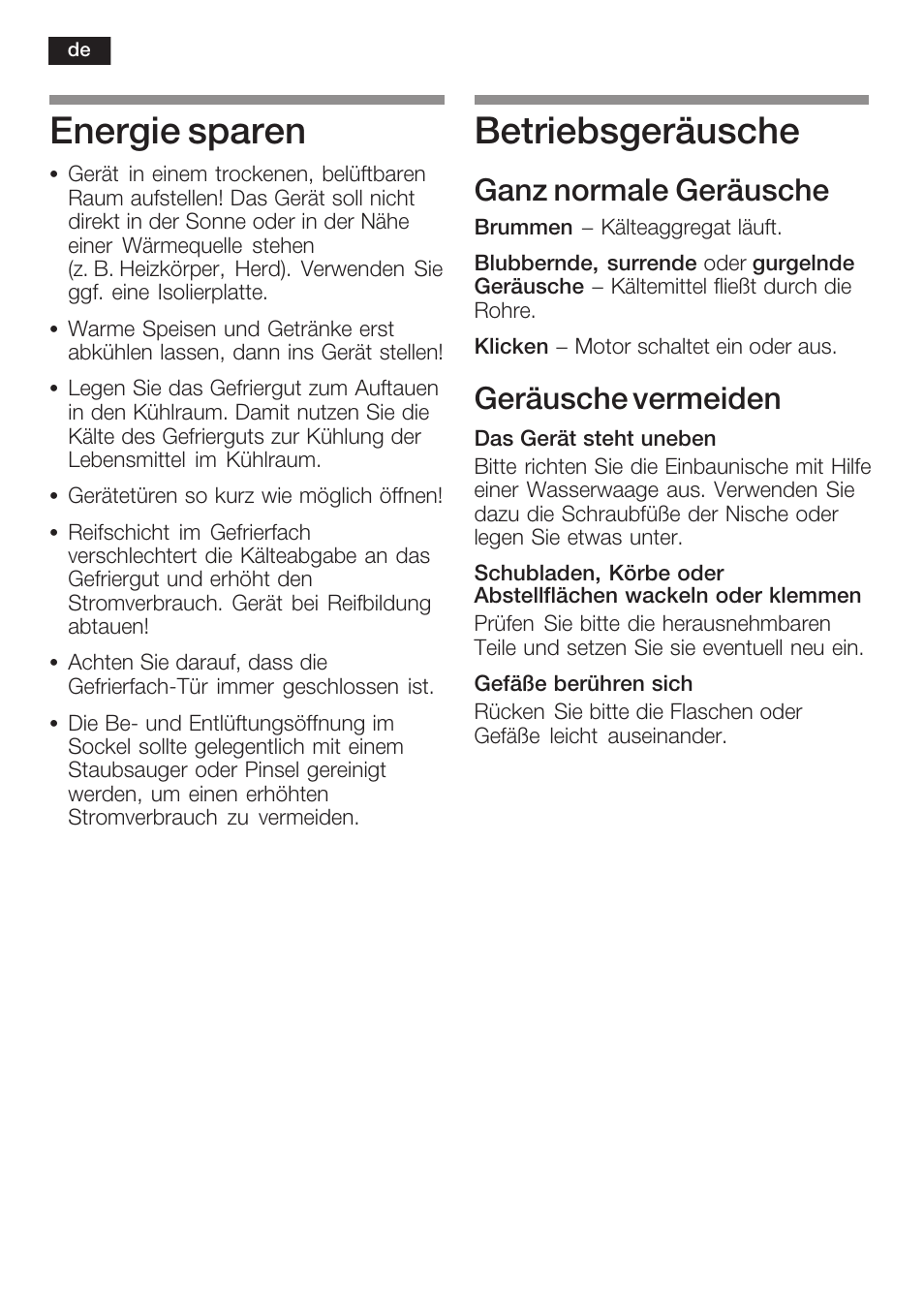 Energie sparen, Betriebsgeräusche, Ganz normale geräusche | Geräusche vermeiden | Neff K8125X0  EU User Manual | Page 20 / 105