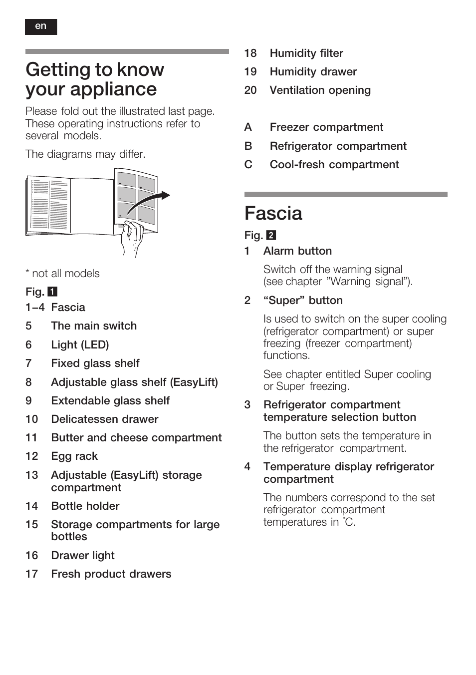 Getting to know your appliance, Fascia | Neff K8125X0  EU User Manual | Page 26 / 105