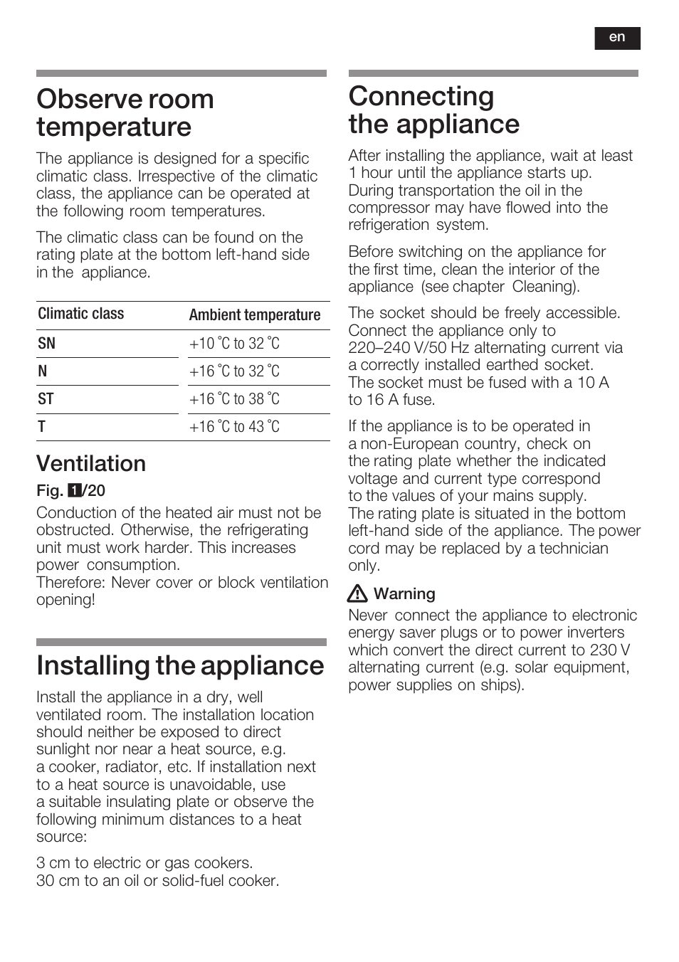 Observe room temperature, Installing the appliance, Connecting the appliance | Ventilation | Neff K8125X0  EU User Manual | Page 27 / 105