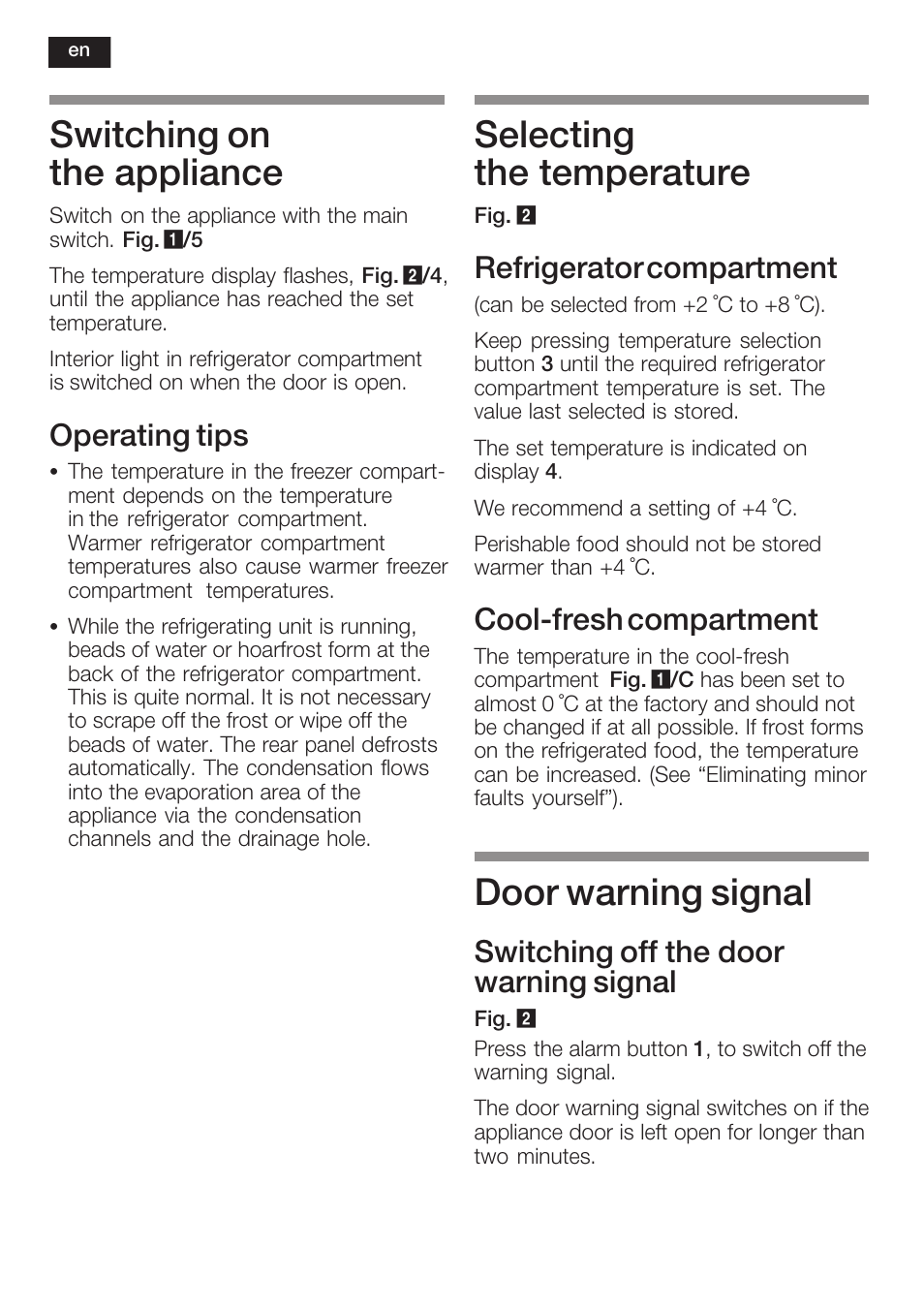 Switching on the appliance, Selecting the temperature, Door warning signal | Operating tips, Refrigerator compartment, Coolćfresh compartment, Switching off the door warning signal | Neff K8125X0  EU User Manual | Page 28 / 105