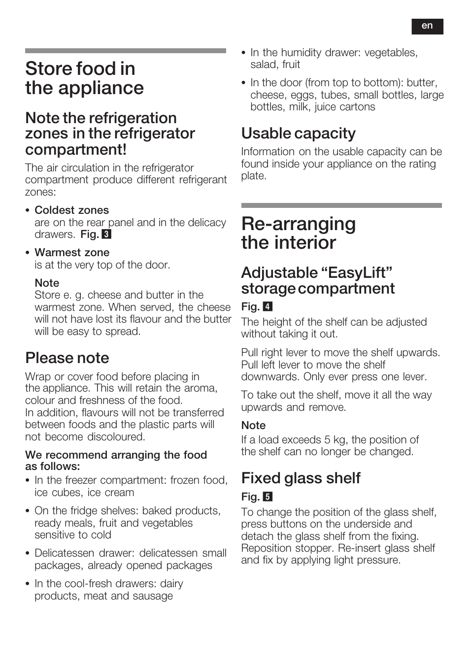 Store food in the appliance, Rećarranging the interior, Usable capacity | Adjustable easylift" storage compartment, Fixed glass shelf | Neff K8125X0  EU User Manual | Page 29 / 105