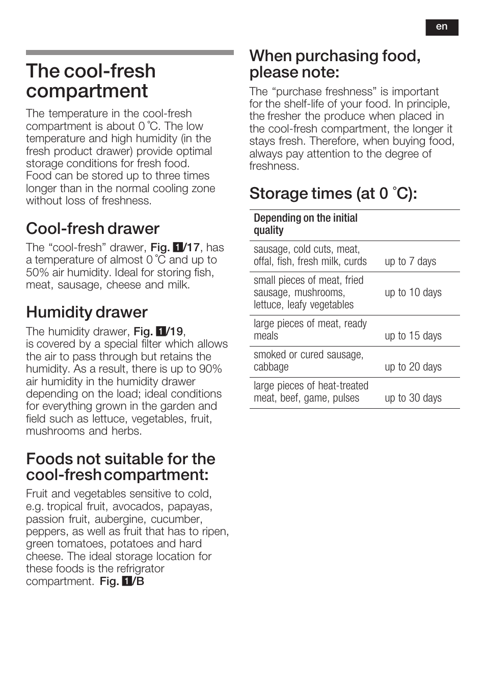 The coolćfresh compartment, Coolćfresh drawer, Humidity drawer | Foods not suitable for the coolćfresh compartment, Storage times (at 0 °c) | Neff K8125X0  EU User Manual | Page 31 / 105