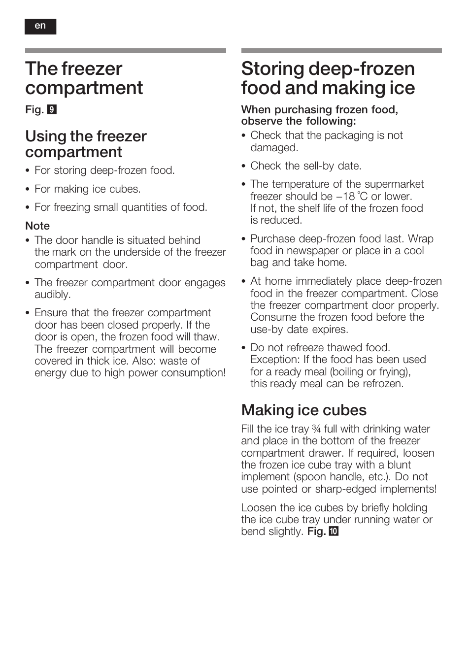 The freezer compartment, Storing deepćfrozen food and making ice, Using the freezer compartment | Making ice cubes | Neff K8125X0  EU User Manual | Page 32 / 105