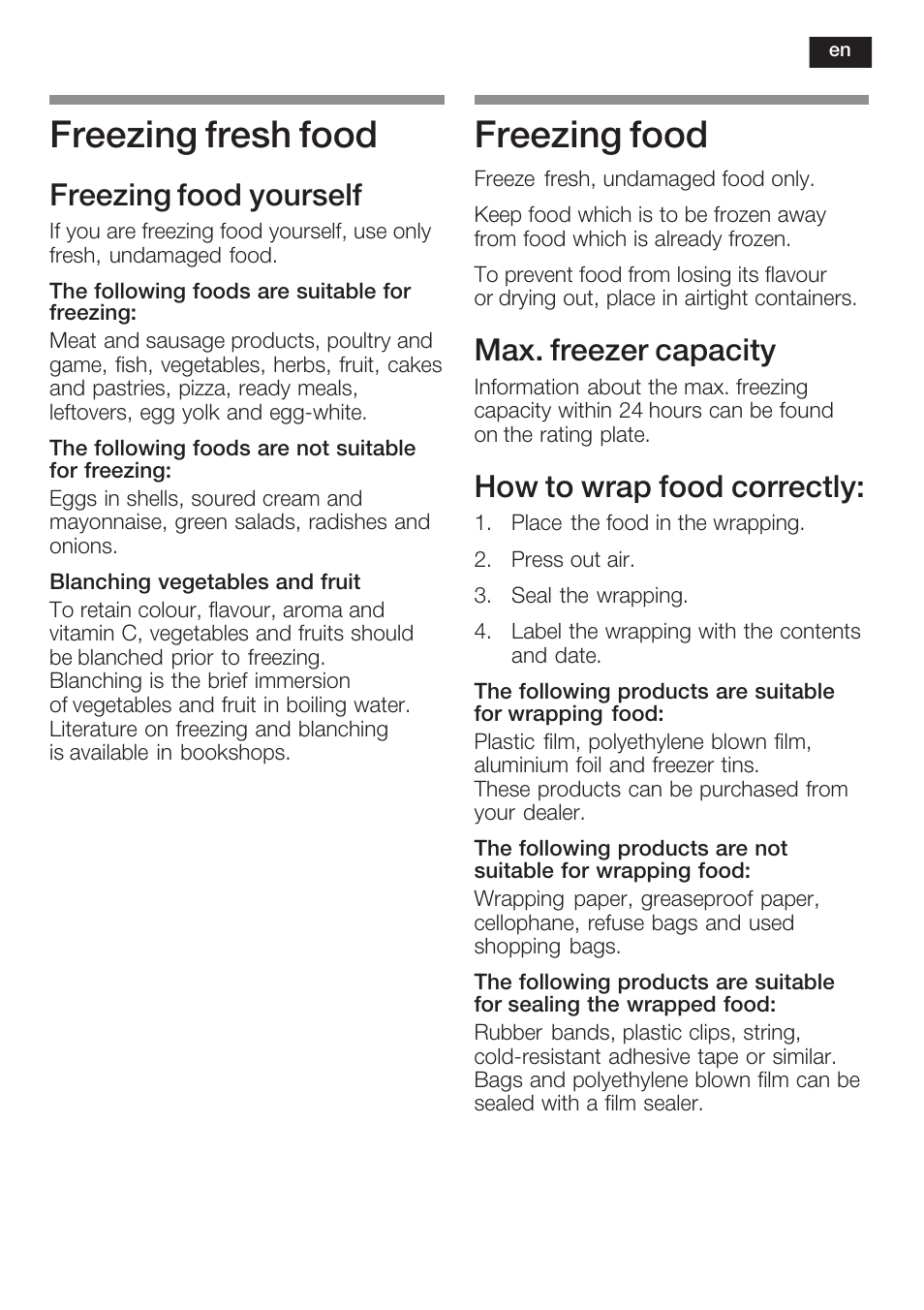 Freezing fresh food, Freezing food, Freezing food yourself | Max. freezer capacity, How to wrap food correctly | Neff K8125X0  EU User Manual | Page 33 / 105