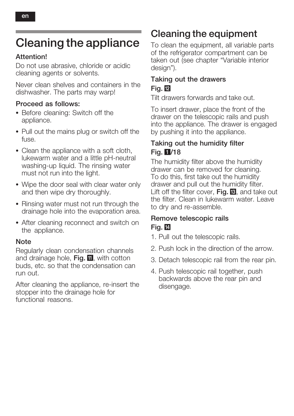 Cleaning the appliance, Cleaning the equipment | Neff K8125X0  EU User Manual | Page 36 / 105