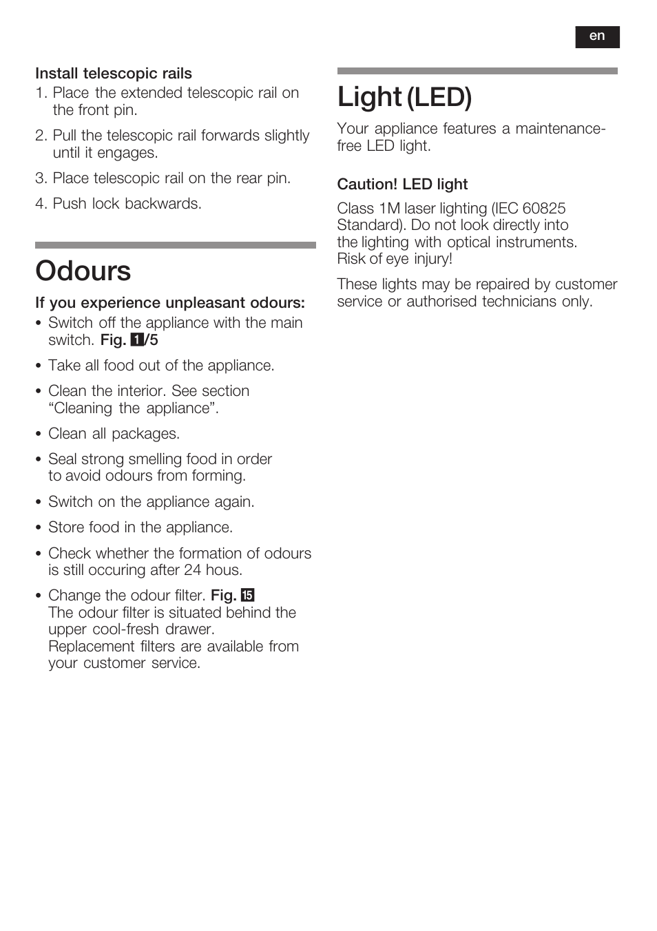 Odours, Light, Led) | Neff K8125X0  EU User Manual | Page 37 / 105