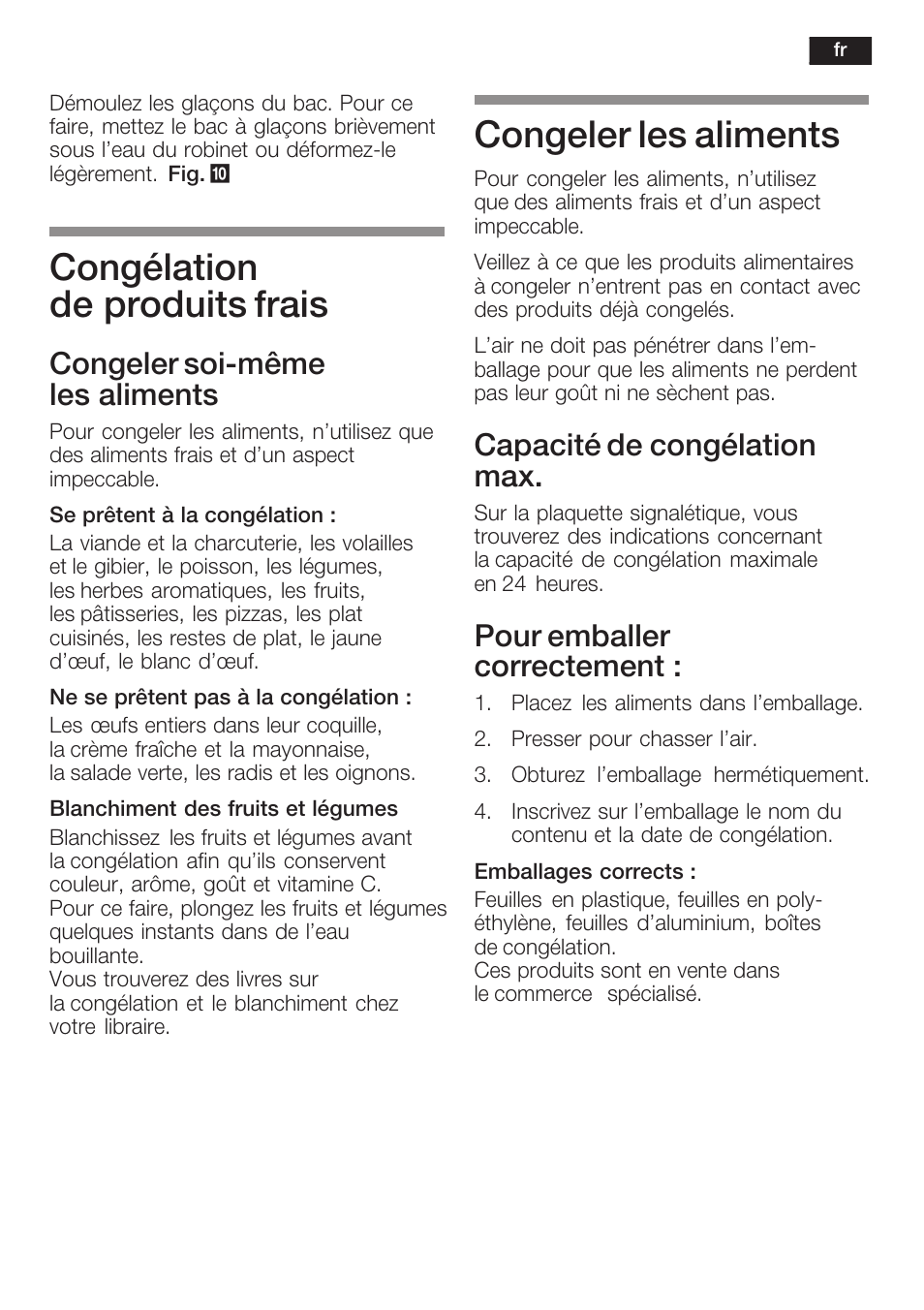 Congélation de produits frais, Congeler les aliments, Congeler soićmême les aliments | Capacité de congélation max, Pour emballer correctement | Neff K8125X0  EU User Manual | Page 53 / 105