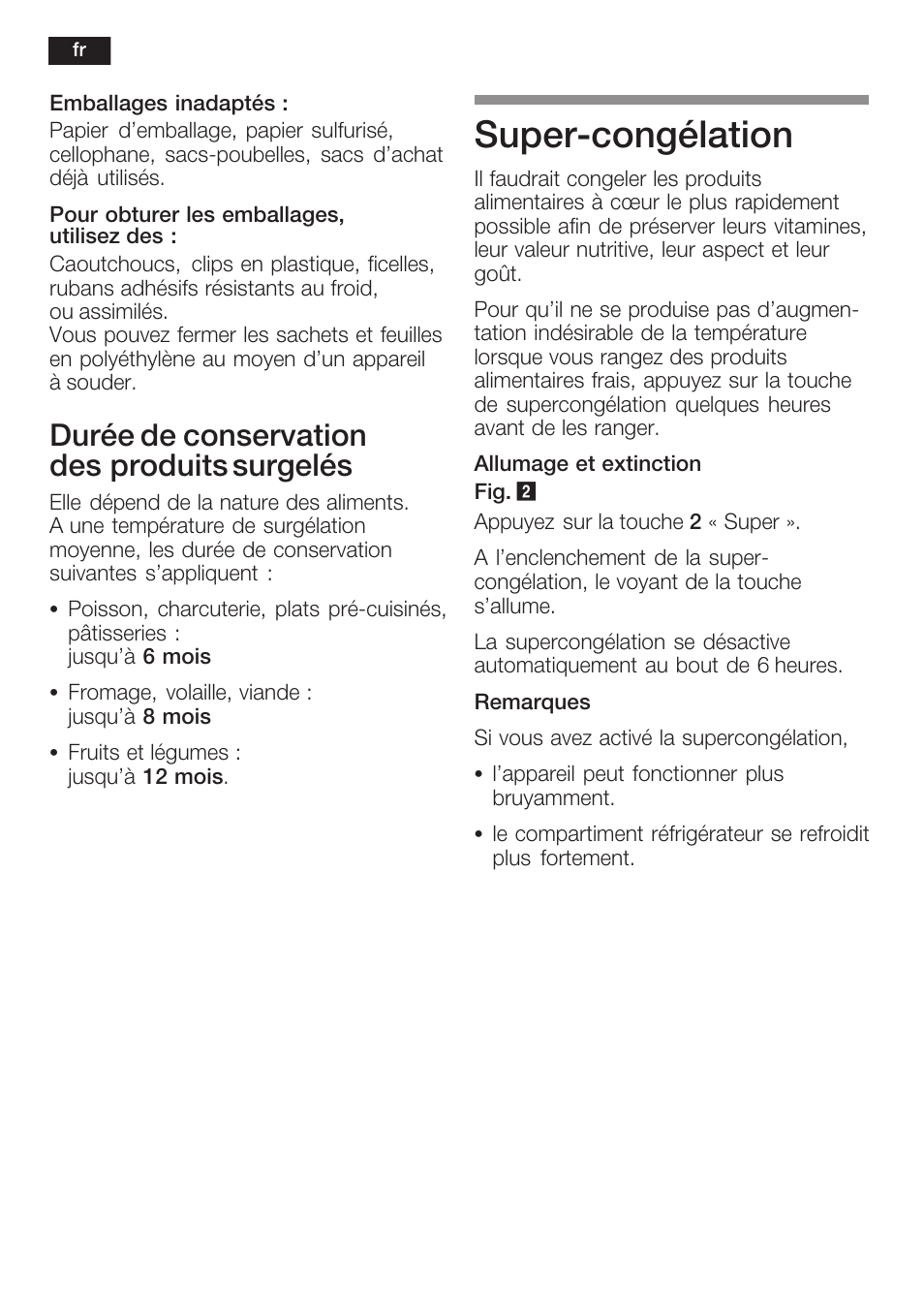 Superćcongélation, Durée de conservation desăproduits surgelés | Neff K8125X0  EU User Manual | Page 54 / 105