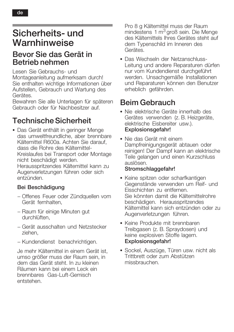 Sicherheitsć und warnhinweise, Bevor sie das gerät in betrieb nehmen, Technische sicherheit | Beim gebrauch | Neff K8125X0  EU User Manual | Page 6 / 105